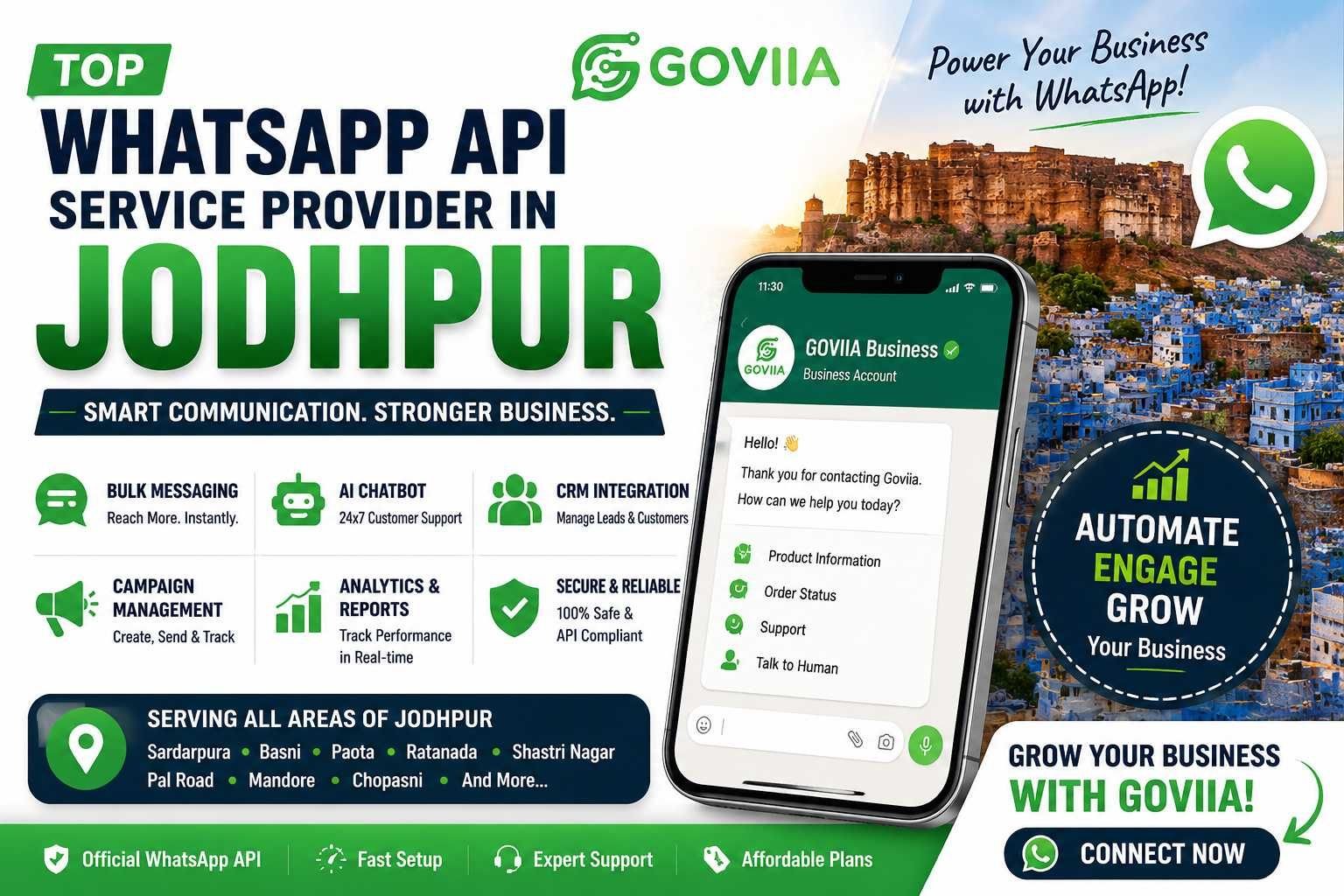WhatsApp API service provider in Jodhpur offering WhatsApp SaaS software, bulk messaging, AI chatbot automation, CRM integration, and business automation solutions for local businesses in Sardarpura, Basni, Paota, and Ratanada.